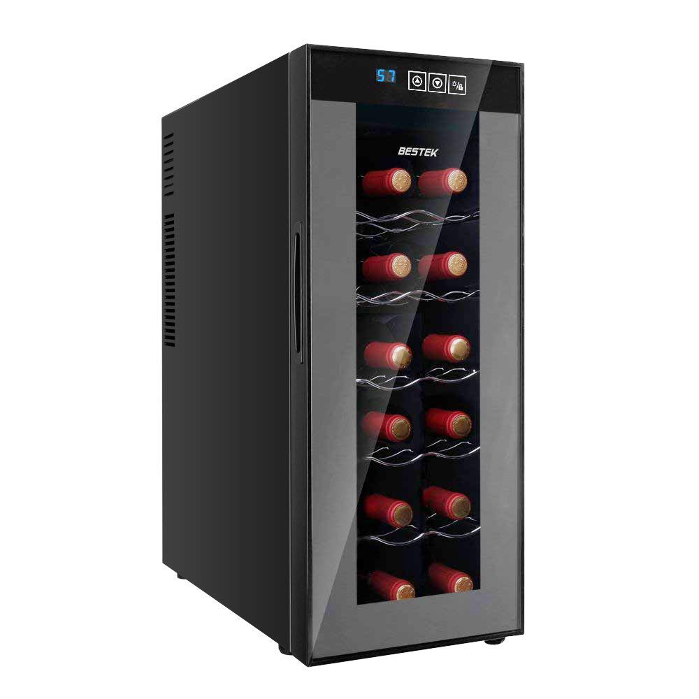 BESTEK 12 Bottle Thermoelectric Red & White Wine Cooler/Chiller, Counter Top Wine Cellar w/Sculpted Chrome Shelves, Double-Layer Tempered Glass Door, 